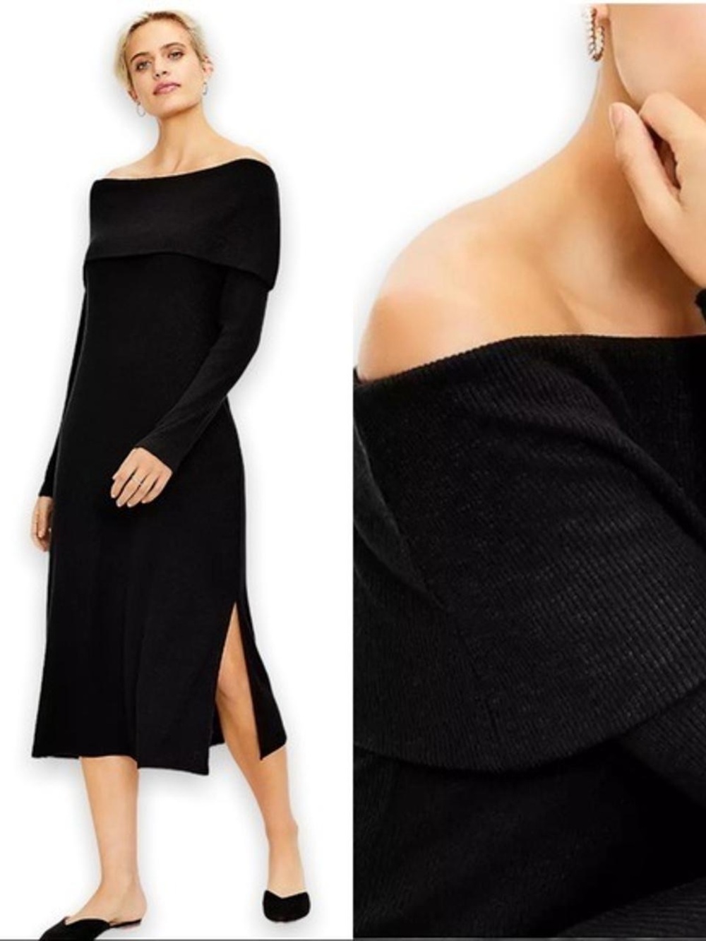 Loft Black Off The Shoulder Ribbed Midi Bodycon Dress Size Large
